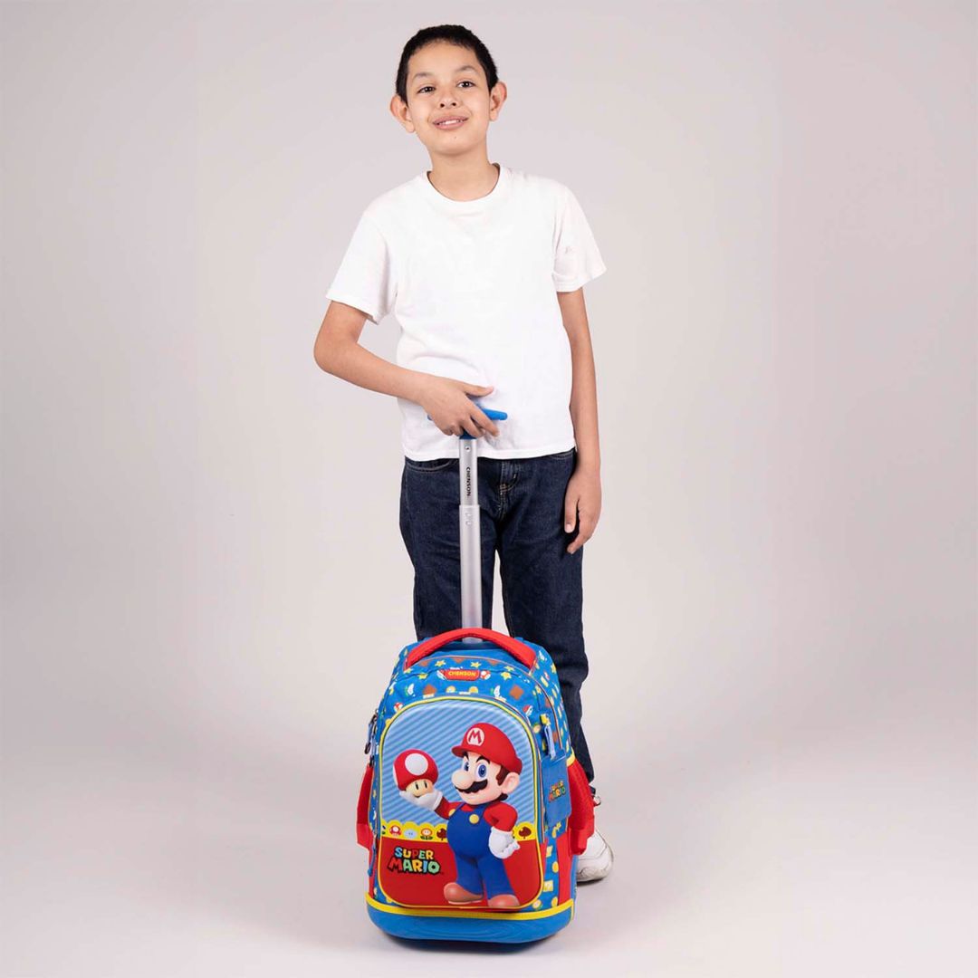 MOCHILA CON RUEDAS GRANDE AZUL MARIO BROS MUSH XXIV
