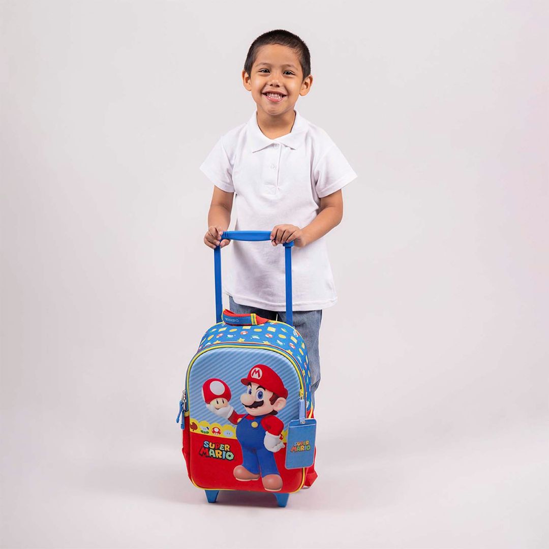 MOCHILA CON RUEDAS CHICA AZUL MARIO BROS MUSH XXIV