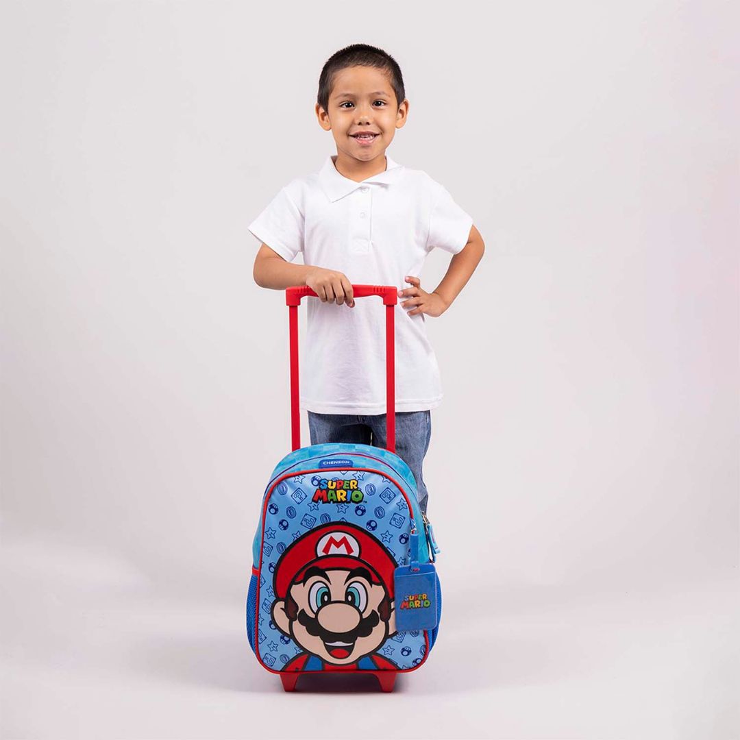 MOCHILA CON RUEDAS CHICA AZUL MARIO BROS FLEP XXIV