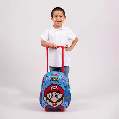MOCHILA CON RUEDAS CHICA AZUL MARIO BROS FLEP XXIV