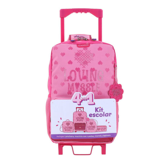 KIT MOCHILA C/RUEDAS+LONCHERA+LAPICERA+MORRAL  ROSA XXIV