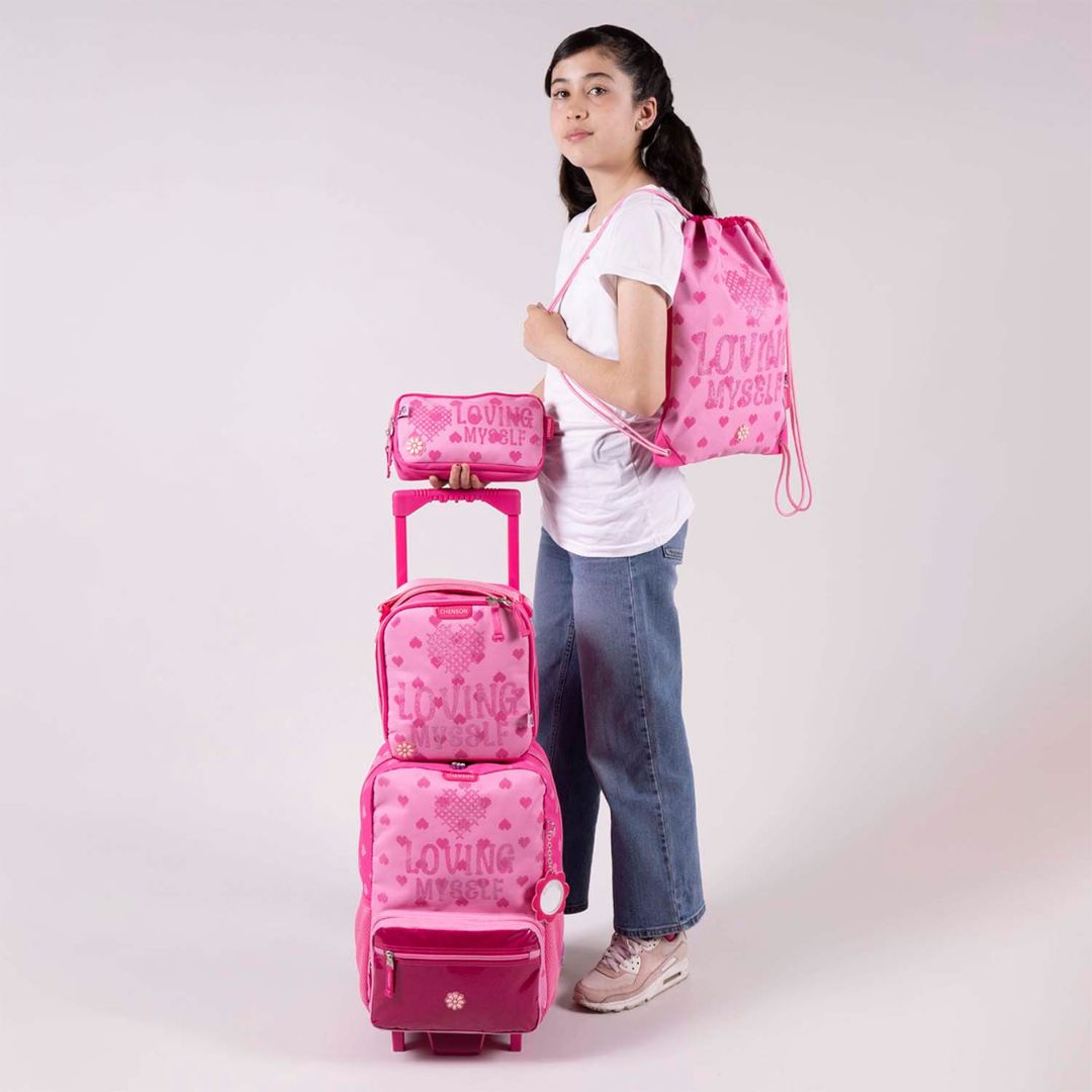 KIT MOCHILA C/RUEDAS+LONCHERA+LAPICERA+MORRAL  ROSA XXIV