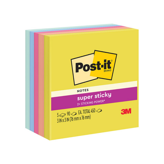 POST-IT (3 X 3) SUPER STICK SUMMER COLORES SURT. EN CUBO