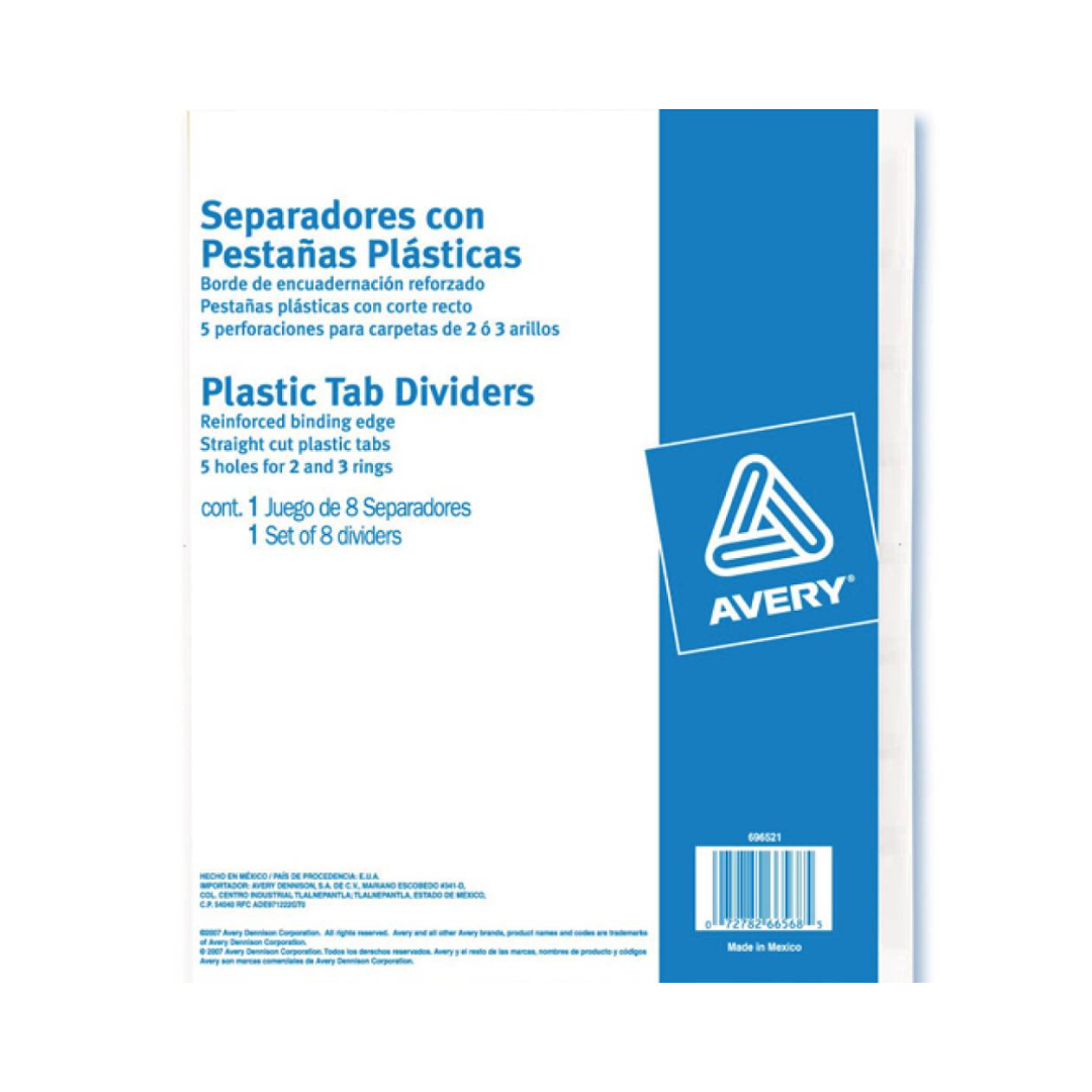 AVERY SEPARADORES INSERTABLES, PESTAÑAS TRANSPARENTES, 8 PESTAÑAS