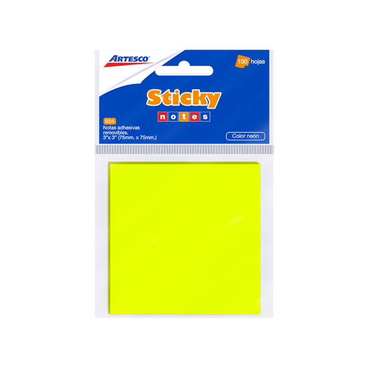 NOTAS ADHESIVAS (3 X 3) AMARILLO NEON #654 PAQ. 12
