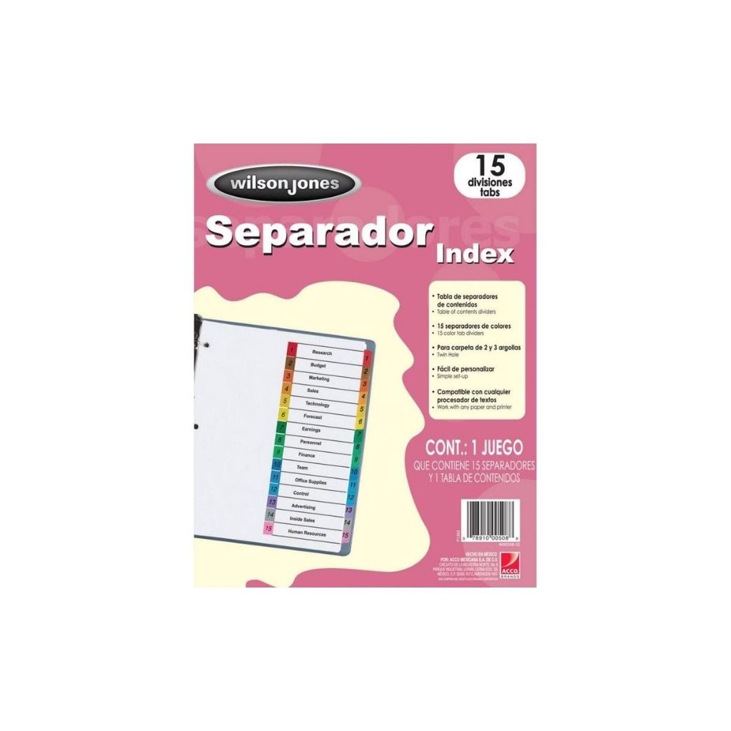 SEPARADOR P/CARPETAS 15 TAB MULTICOLOR (00508) UNIDAD 1